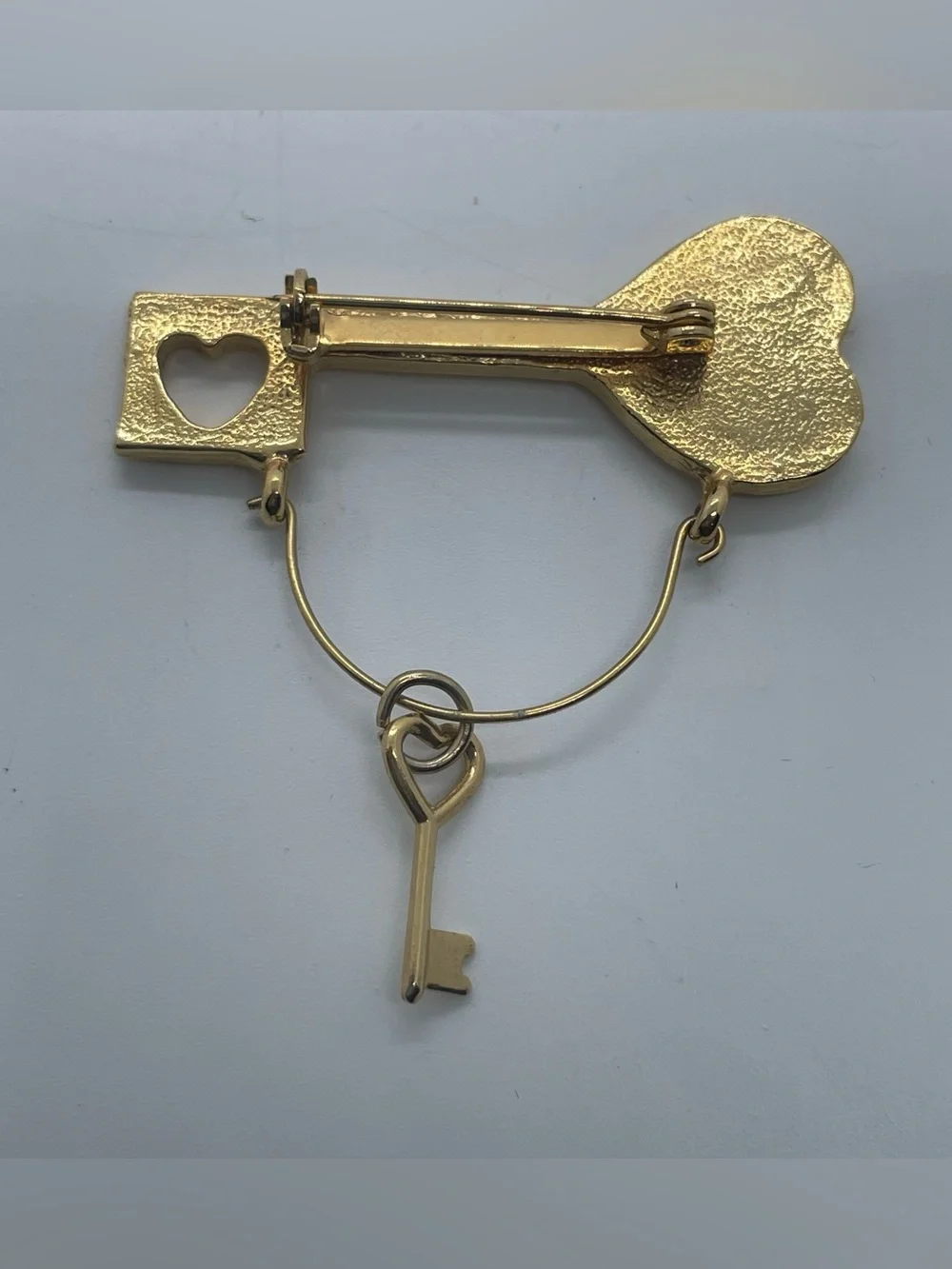 Gold Tone Heart Key Charm Brooch